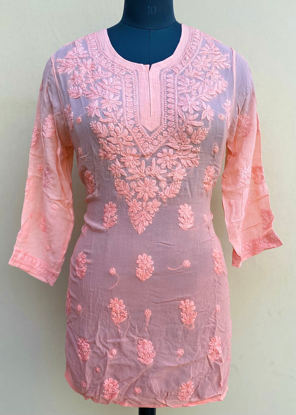 Lucknowi Chikankari Ombre Short Kurti Peach Pure Georgette