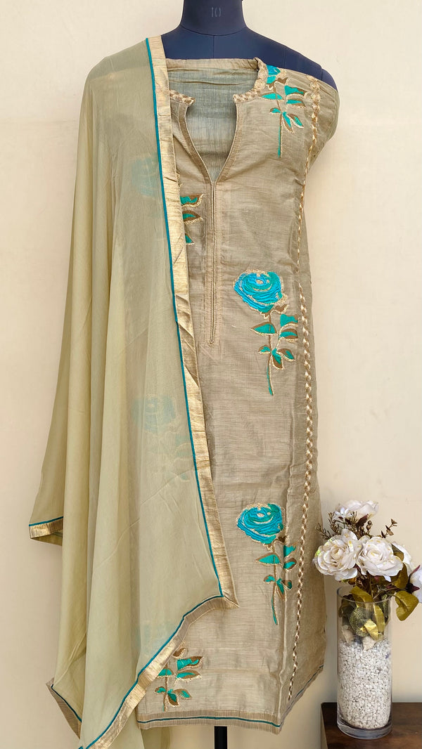 Designer Embroidered Suit Length 3 Piece Beige Mal Chanderi