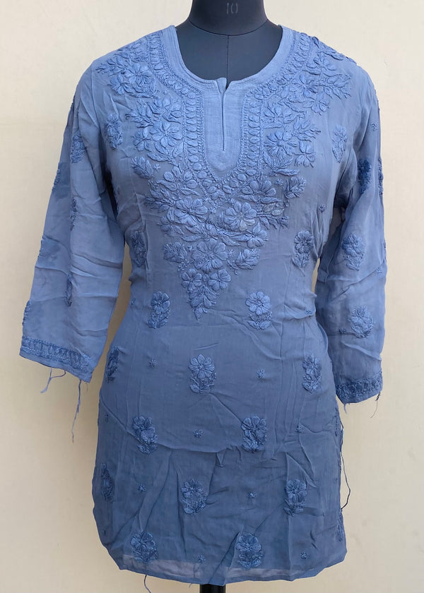 Lucknowi Chikankari Ombre Short Kurti Gray Pure Georgette