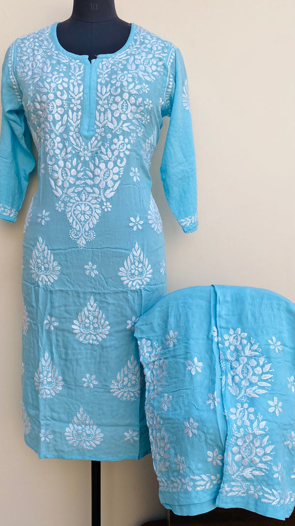 Lucknowi Chikankari Co-ord Set Blue Modal Cotton