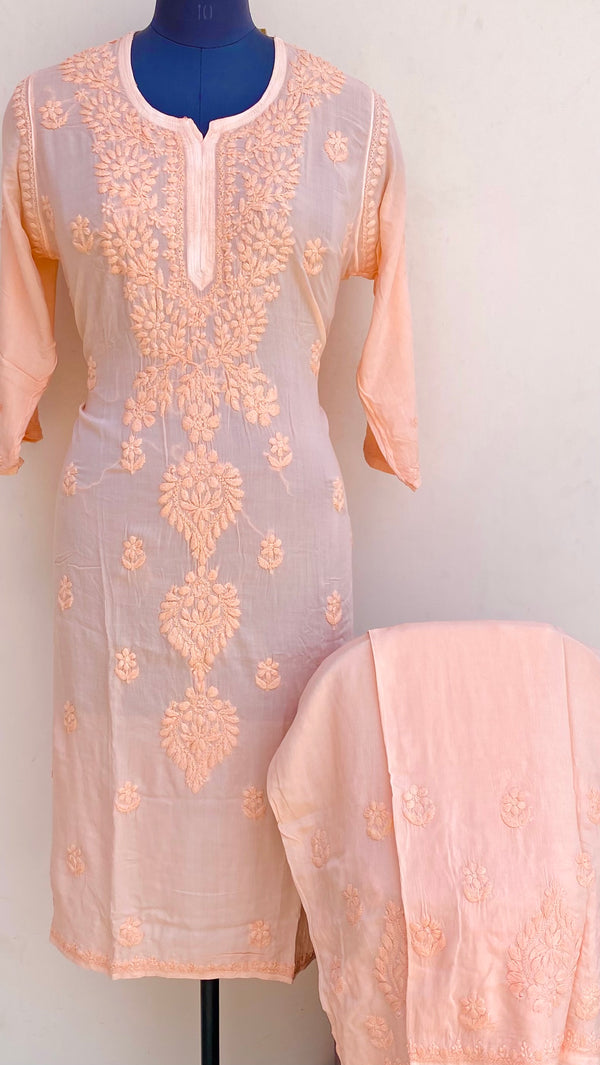 Lucknowi Chikankari Co-ord Set Peach Muslin Cotton With Self 3D Work