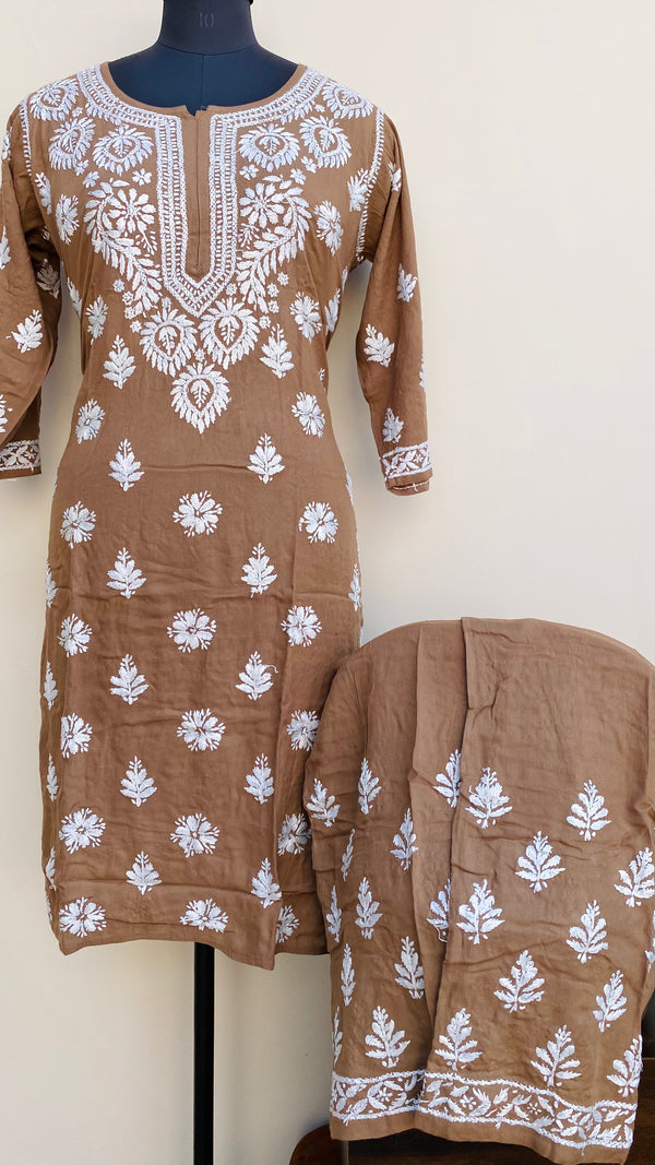 Lucknowi Chikankari Co-ord Set Brown Modal Cotton