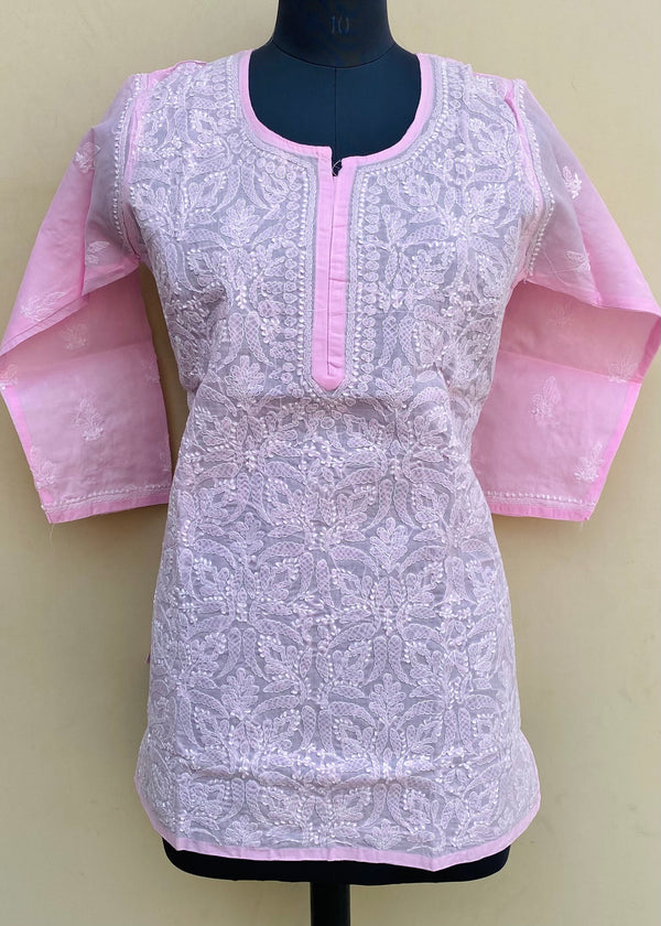 Lucknowi Chikankari Short Kurti Pink Cotton