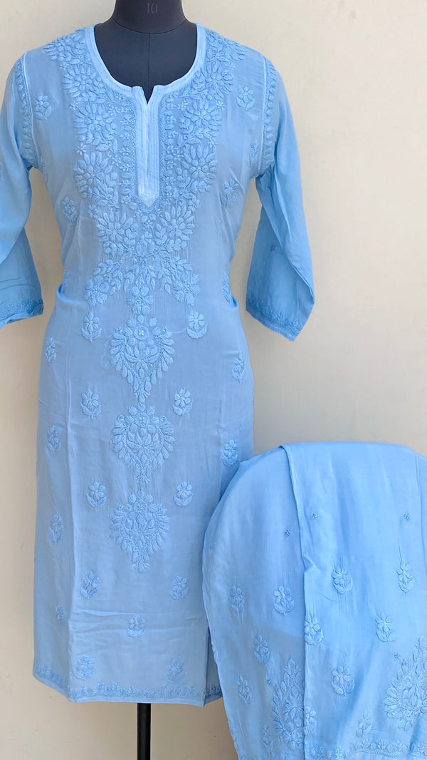 Lucknowi Chikankari Co-ord Set Powder Blue Muslin Cotton With Self 3D Work