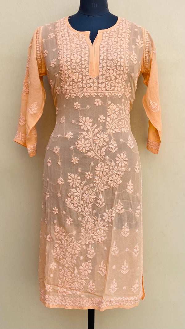 Lucknowi Chikankari Kurti Peach Pure Georgette With Self 3D Work