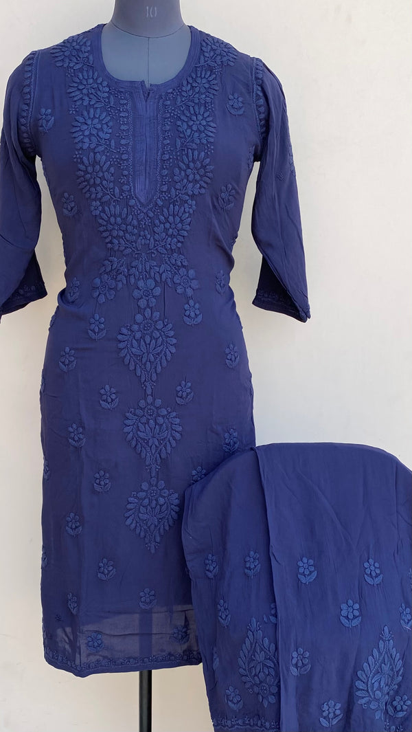 Lucknowi Chikankari Co-ord Set Navy Blue Muslin Cotton With Self 3D Work
