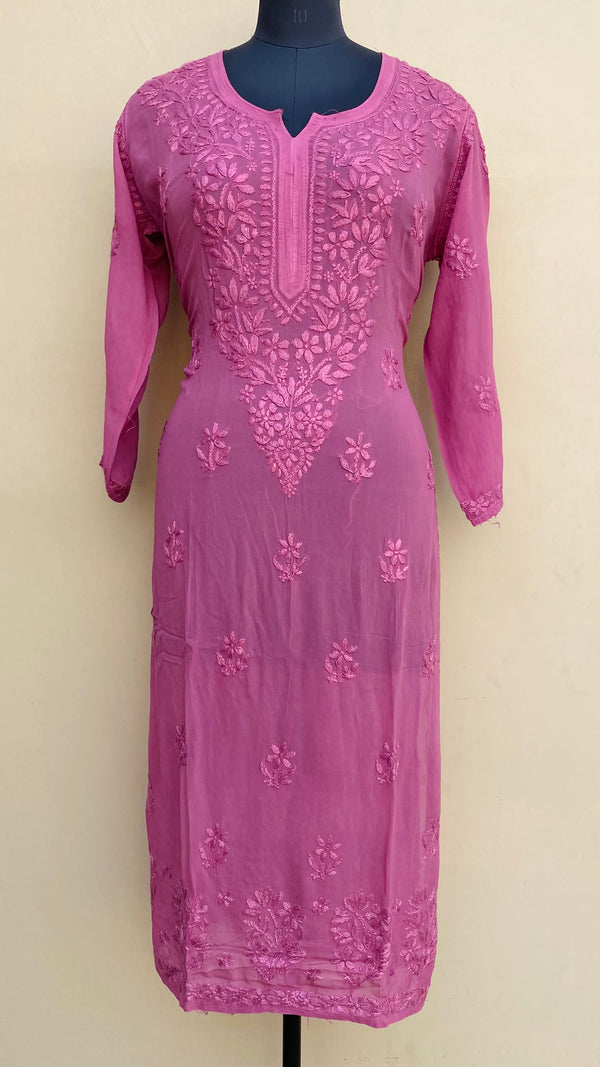 Lucknowi Chikankari Kurti Rose Pink Pure Georgette With Self 3D Work