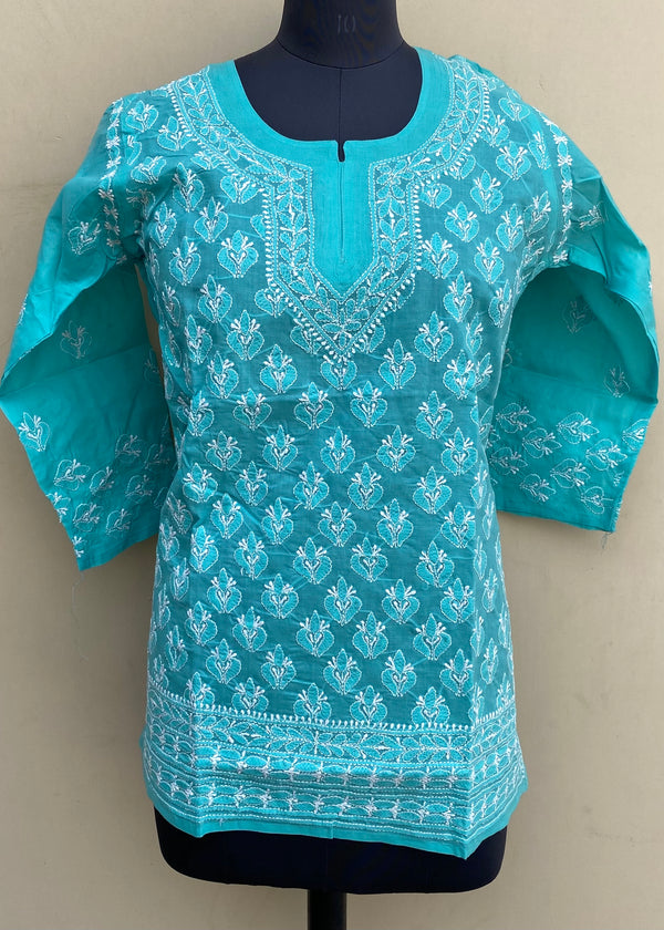 Lucknowi Chikankari Short Kurti Sea Green Cotton