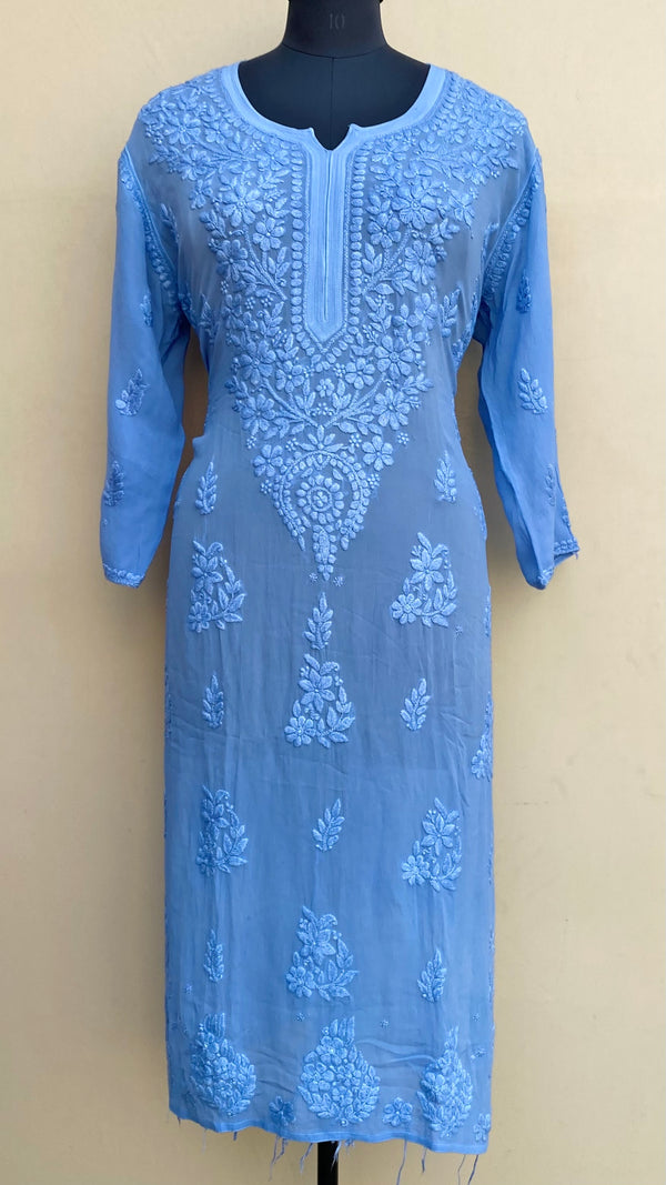 Lucknowi Chikankari Kurti Blue Pure Georgette With Self 3D Work