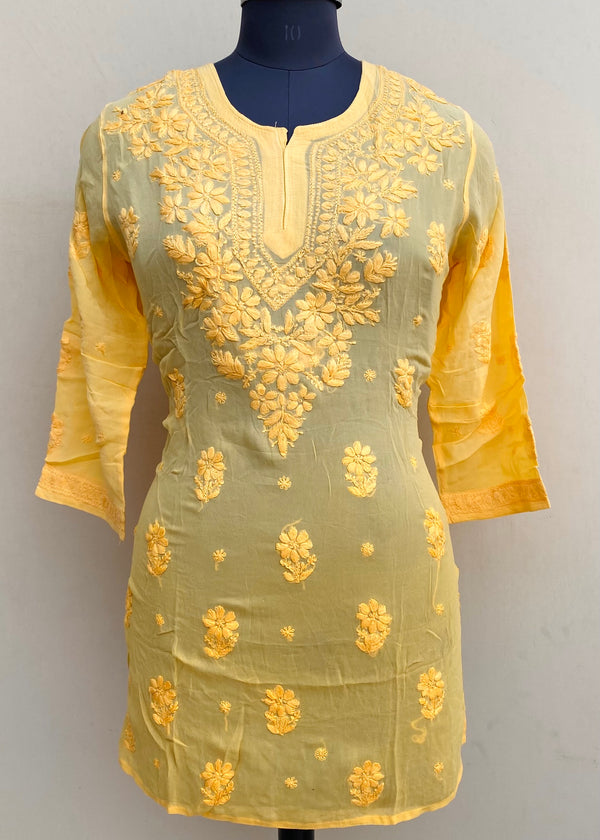 Lucknowi Chikankari Ombre Short Kurti Yellow Pure Georgette With Self 3D Work