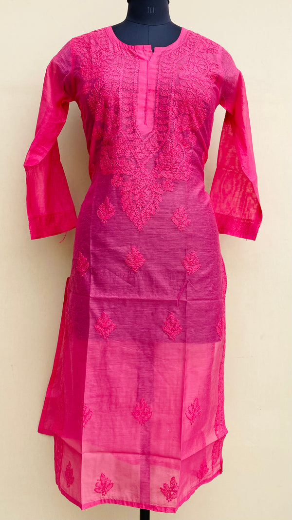 Lucknowi Chikankari Self Kurti Pink Mal Chanderi