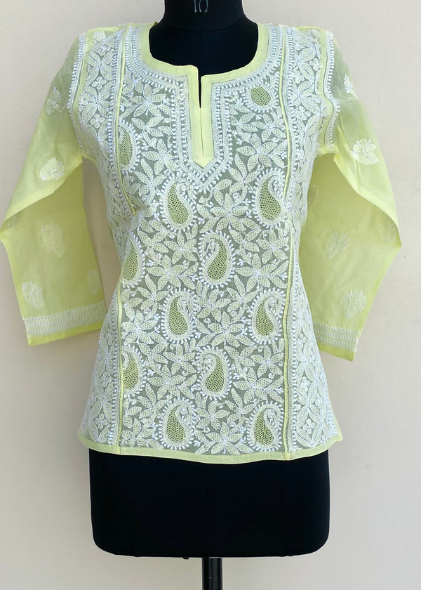 Lucknowi Chikankari Short Kurti Yellow Cotton With Jaali Work