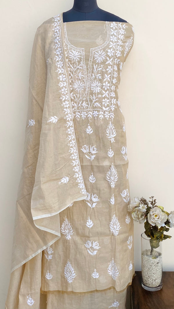 Lucknowi Chikankari Suit Length 2 Piece Beige Tissue