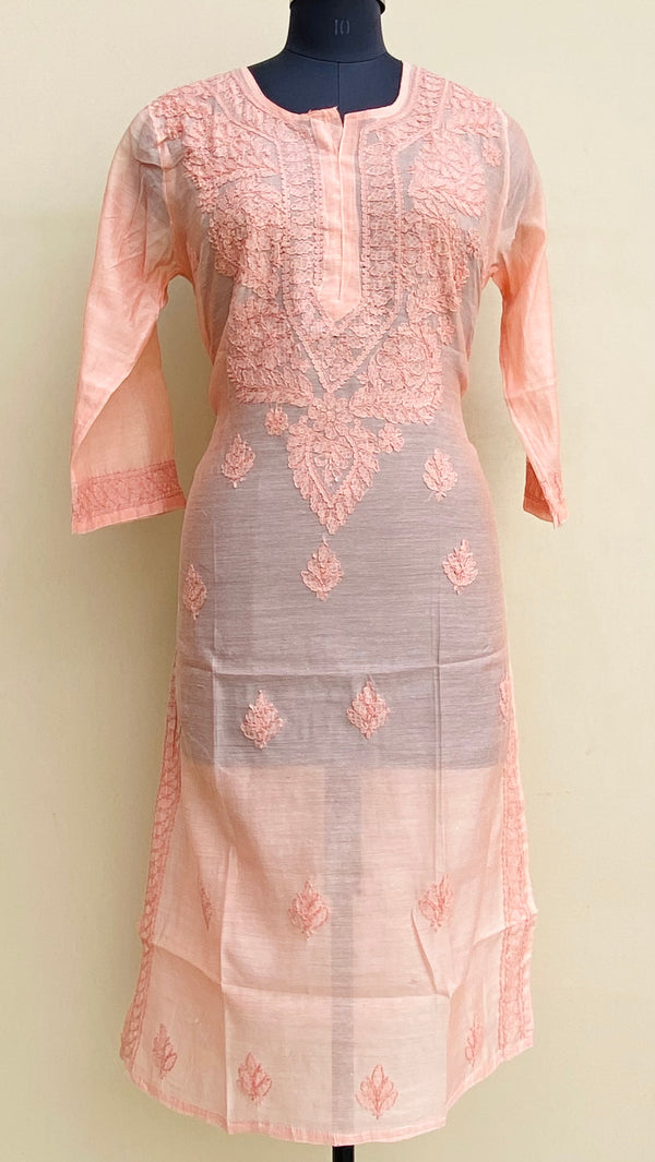 Lucknowi Chikankari Self Kurti Peach Mal Chanderi