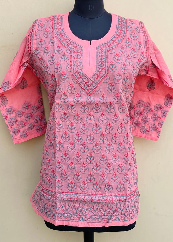 Lucknowi Chikankari Short Kurti Pink Cotton