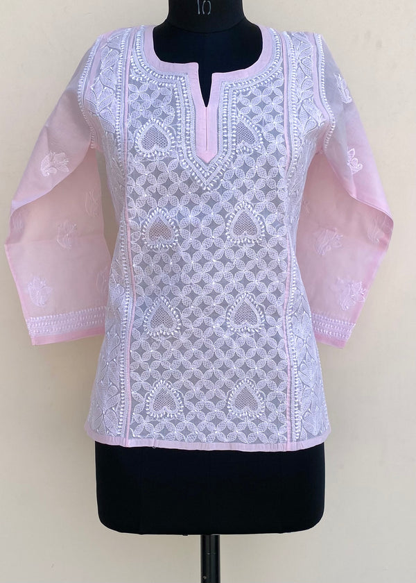 Lucknowi Chikankari Short Kurti Pink Cotton With Jaali Work