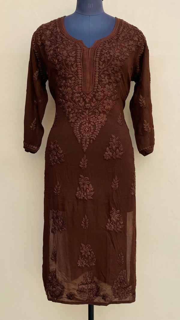 Lucknowi Chikankari Kurti Brown Pure Georgette With Self 3D Work