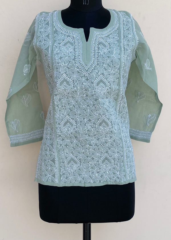 Lucknowi Chikankari Short Kurti Teal Green Cotton With Jaali Work