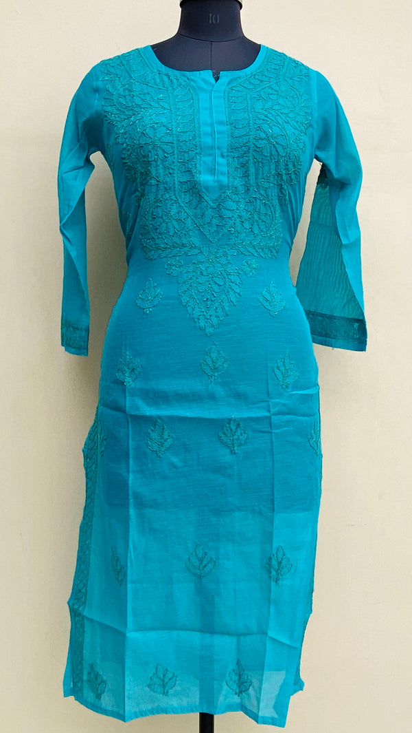 Lucknowi Chikankari Self Kurti Sea Green Mal Chanderi