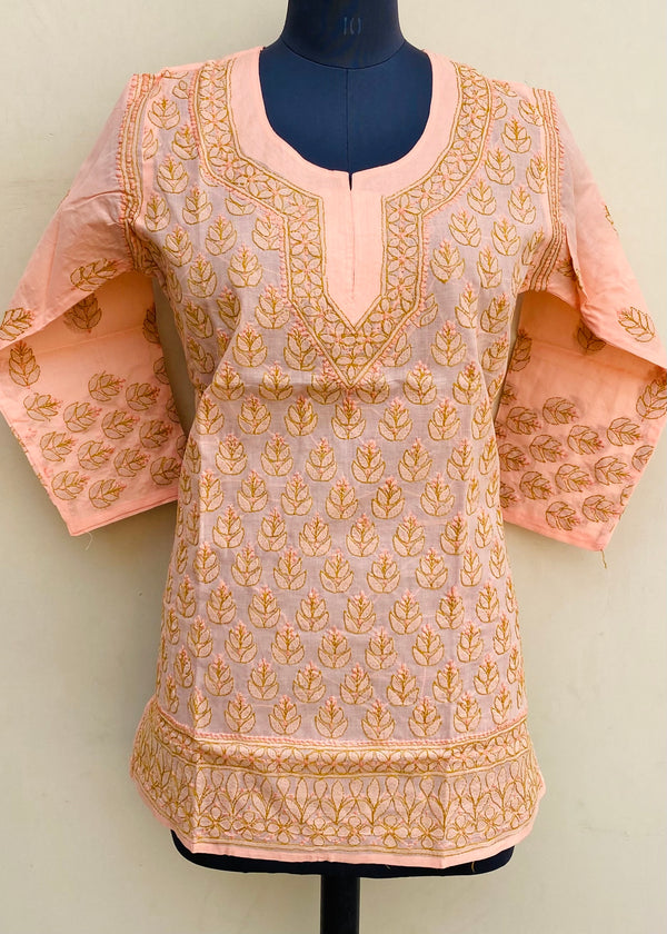 Lucknowi Chikankari Short Kurti Peach Cotton