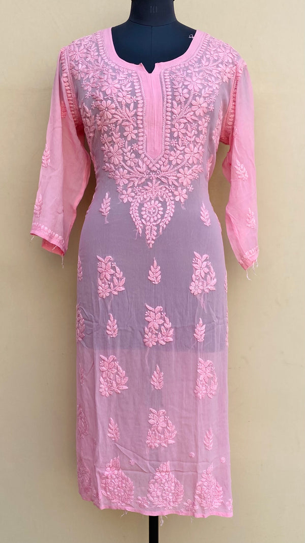 Lucknowi Chikankari Kurti Pink Pure Georgette With Self 3D Work