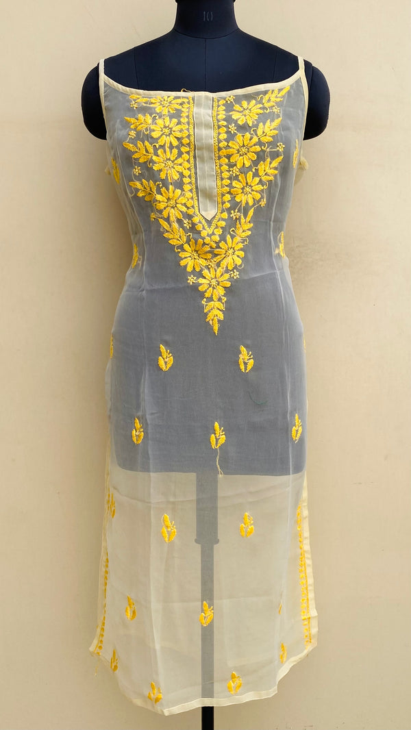 Lucknowi Chikankari Sleeveless Kurti Yellow Georgette With Self Work