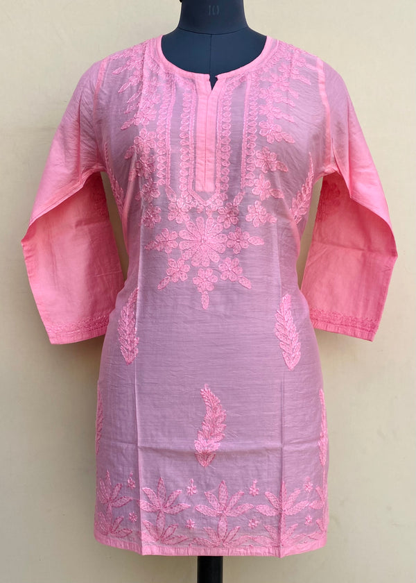 Lucknowi Chikankari Short Kurti Pink Mal Chanderi