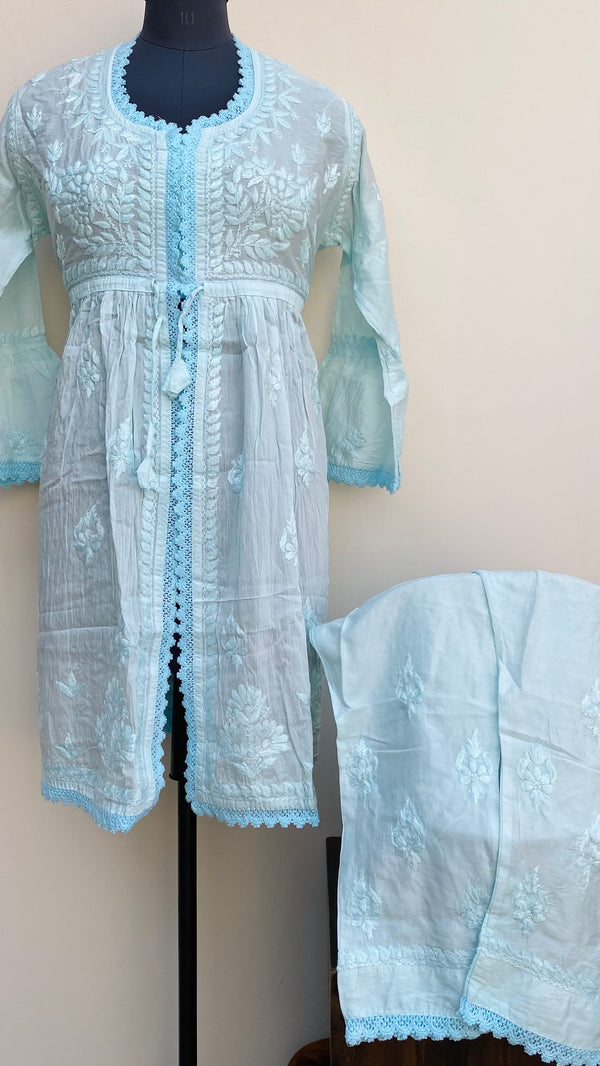 Lucknowi Chikankari Co-ord Set Powder Blue Mal Chanderi With Self Work