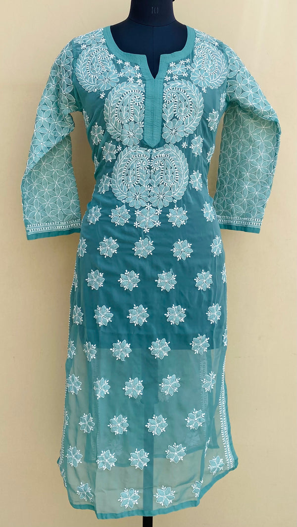 Lucknowi Chikankari Kurti Teal Green Georgette