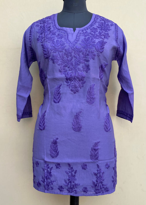 Lucknowi Chikankari Short Kurti Purple Mal Chanderi With Self 3D Work