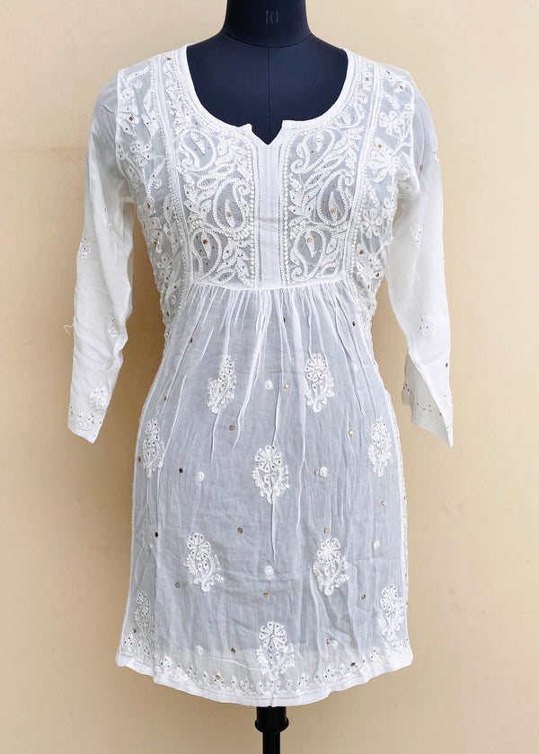 Lucknowi Chikankari Short Kurti White Pure Georgette With Mukaish & Resham Work