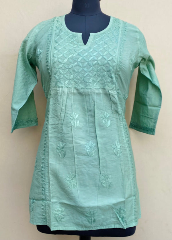 Lucknowi Chikankari Short Kurti Pista Green Mal Chanderi With Self 3D Work