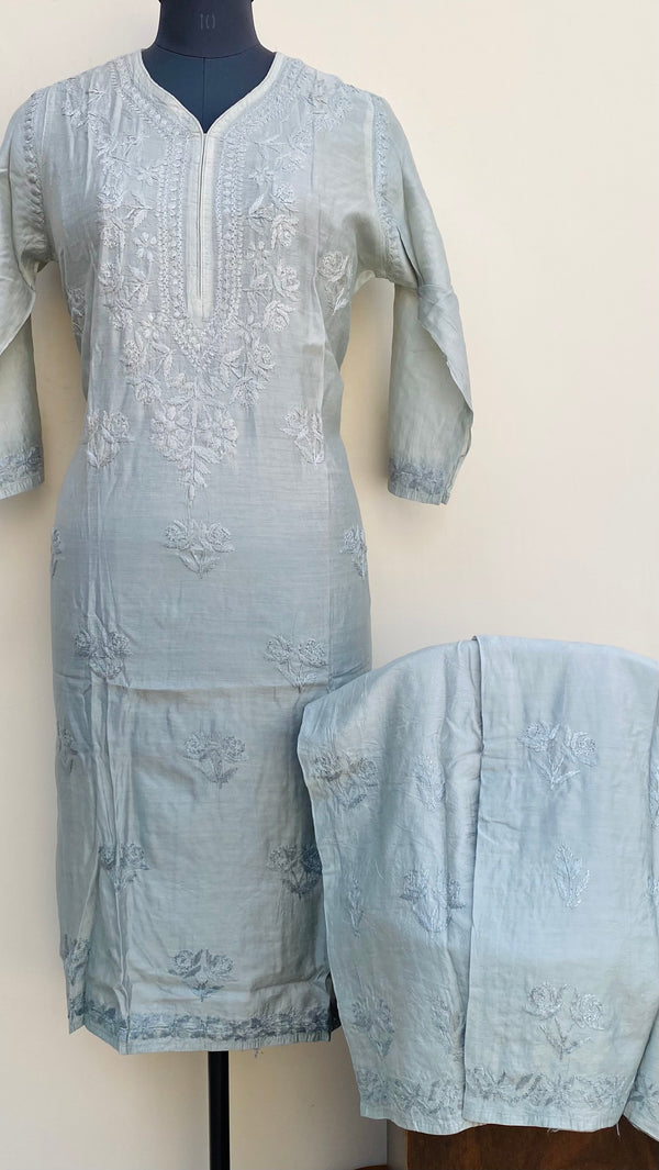 Lucknowi Chikankari Ombre Co-ord Set Gray Mal Chanderi With Self Work