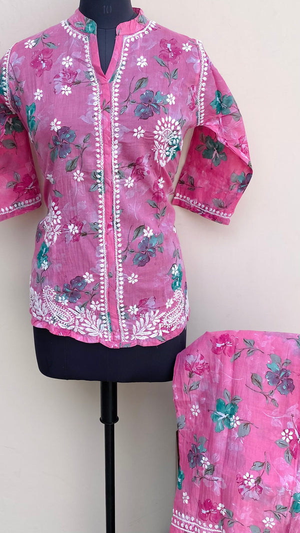 Lucknowi Chikankari Printed Co-ord Set Pink Mulmul Cotton