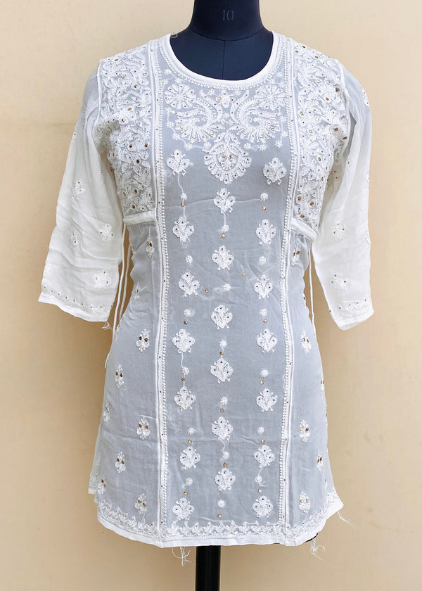 Lucknowi Chikankari Short Kurti White Pure Georgette With Mukaish & Resham Work