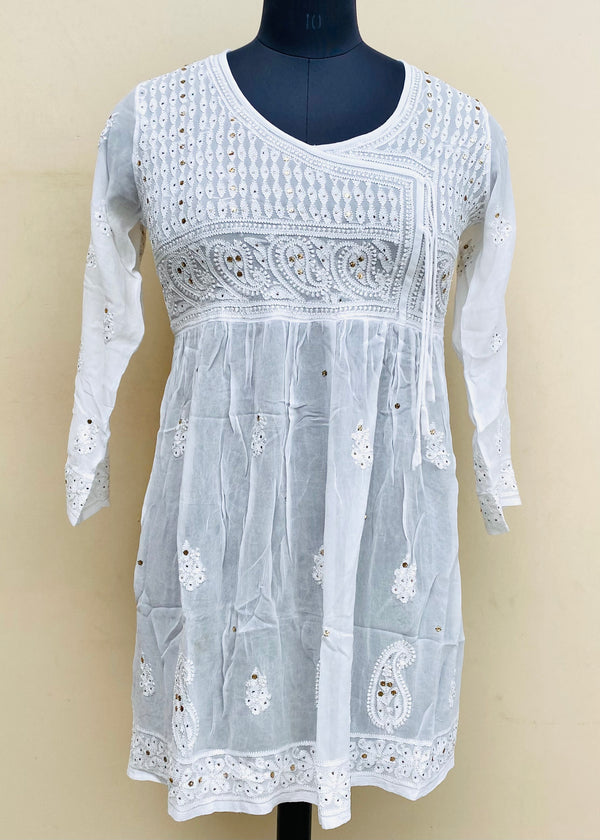 Lucknowi Chikankari Short Kurti White Pure Georgette With Mukaish & Resham Work