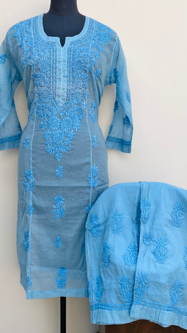 Lucknowi Chikankari Co-ord Set Blue Mal Chanderi With Self Work