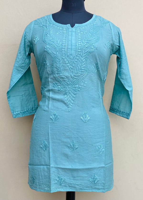 Lucknowi Chikankari Short Kurti Sea Green Mal Chanderi With Self 3D Work