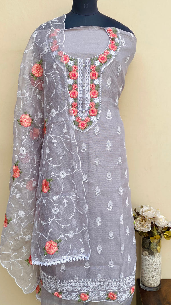 Designer Embroidered Suit Length 3 Piece Gray Kota