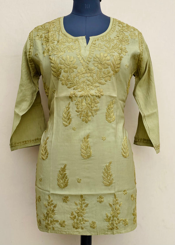 Lucknowi Chikankari Short Kurti Mehndi Green Mal Chanderi With Self 3D Work