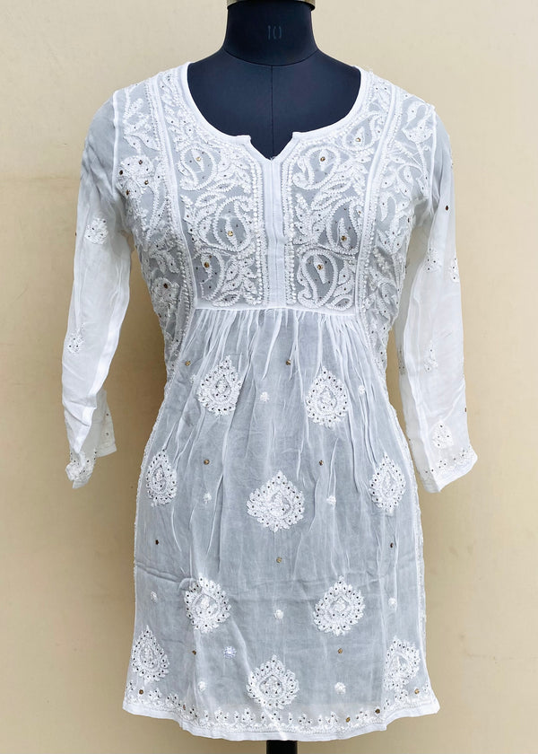 Lucknowi Chikankari Short Kurti White Pure Georgette With Mukaish & Resham Work