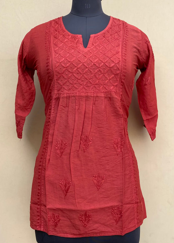 Lucknowi Chikankari Short Kurti Red Mal Chanderi With Self 3D Work