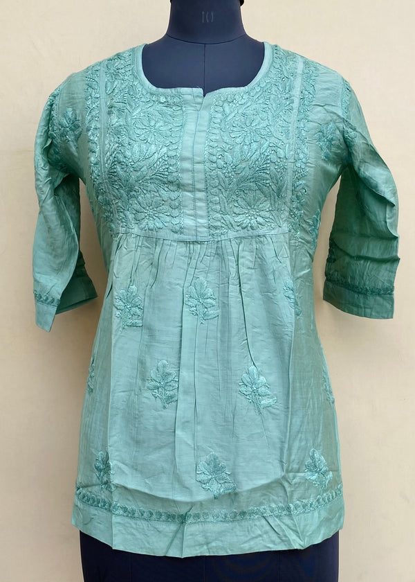 Lucknowi Chikankari Short Kurti Teal Green Mal Chanderi With Self 3D Work