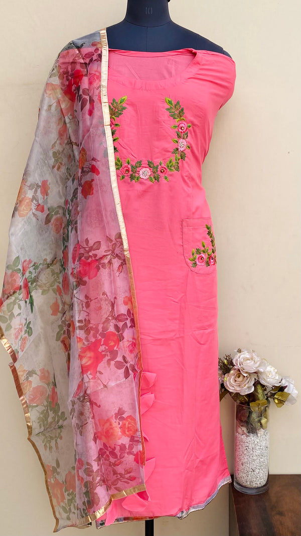 Designer Embroidered Suit Length 3 Piece Pink Mal Cotton