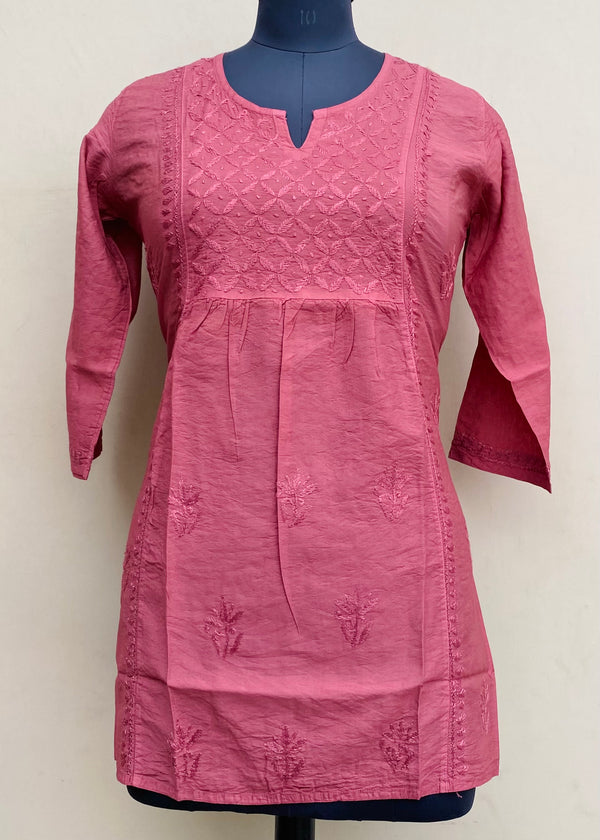 Lucknowi Chikankari Short Kurti Maroon Mal Chanderi With Self 3D Work