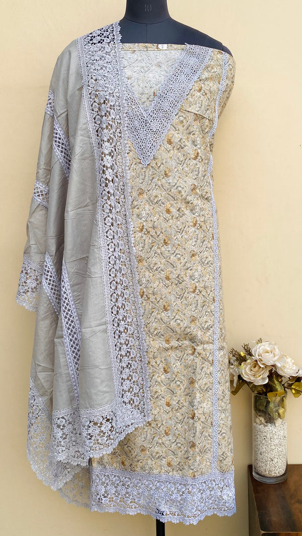 Designer Embroidered Suit Length 3 Piece Gray Cotton