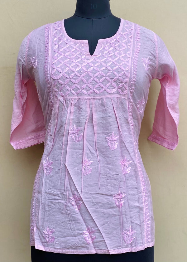 Lucknowi Chikankari Short Kurti Pink Mal Chanderi With Self 3D Work