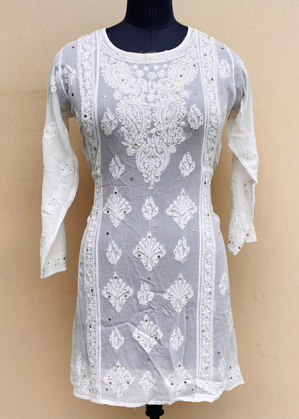 Lucknowi Chikankari Short Kurti White Pure Georgette With Mukaish & Resham Work