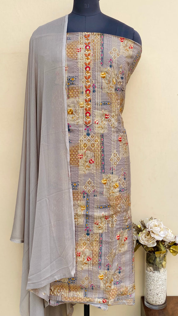 Designer Embroidered Suit Length 3 Piece Gray Mal Cotton