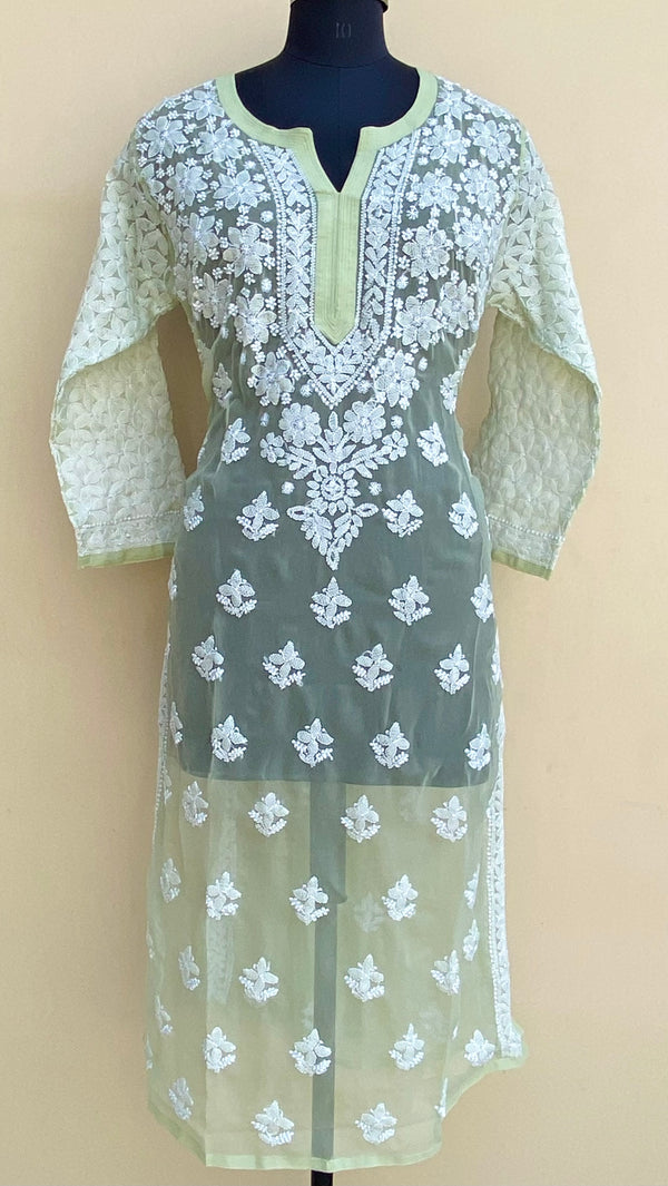 Lucknowi Chikankari Kurti Pista Green Georgette